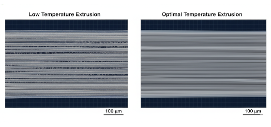 Microscopic comparison of under-extruded PLA voids versus perfectly melted and cross-linked polymer layers