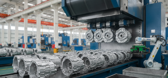 High-volume mass production of identical aluminum automotive gearbox housings using a cold-chamber die casting press