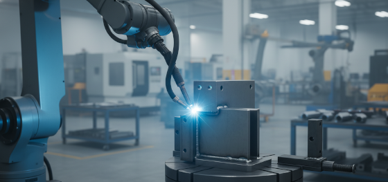 Robotic TIG welding on a 1018 steel mechanical bracket showing a perfect weld bead without HAZ cracking_