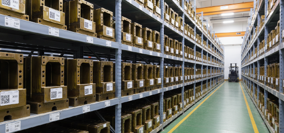 Heavy-duty racks storing standardized Master Unit Die bases inside Jucheng's Shenzhen precision manufacturing warehouse