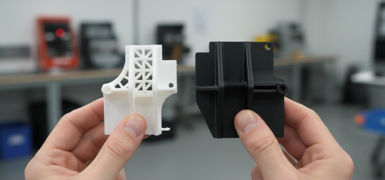 side by side comparison of 3D printed prototype and RIM production part
