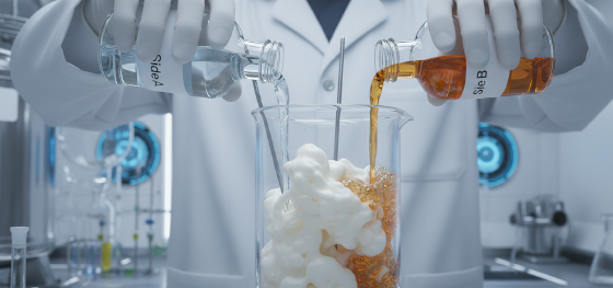 chemist demonstrating the reaction of polyurethane A and B components