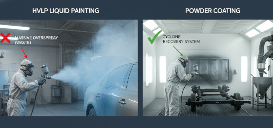 Transfer efficiency comparison between HVLP liquid paint overspray and a powder coating cyclone recovery system