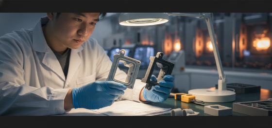 Quality inspector measuring shrinkage variance between an SLA master pattern and a vacuum-cast polyurethane part
