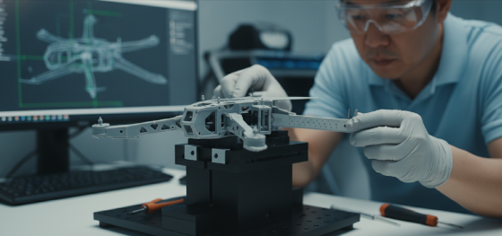 Engineer using a feeler gauge to verify assembly tolerances on a complex PLA drone chassis prototype