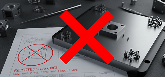 Engineering blueprint with a red cross rejecting the use of expensive metal 3D printing for a simple rectangular aluminum flange