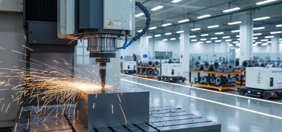 5-axis CNC mill roughing a 1045 steel block inside Jucheng Precision's automated Shenzhen manufacturing facility_