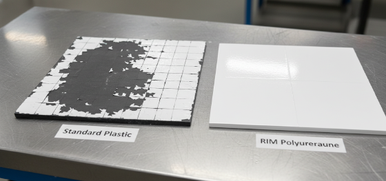 paint adhesion test comparison between standard plastic and polyurethane RIM