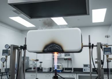 vertical flame test on a flame retardant polyurethane RIM medical housing.png