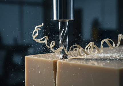 Polished carbide endmill slicing a solid beige cast nylon block with continuous plastic ribbons flying away.png