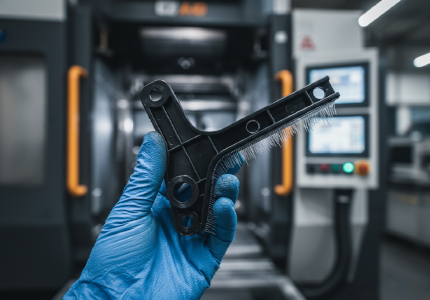 Severe plastic resin bleed escaping the parting line of a black ABS automotive bracket.png