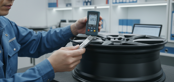 Senior surface engineer performing cross-hatch adhesion tests and thickness measurements on an automotive rim
