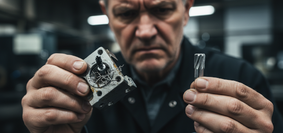 Senior shop supervisor comparing a snapped tap inside a scrapped part against a solid carbide thread mill