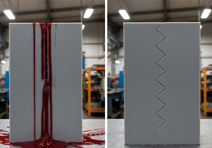 Industrial comparison of a leaking straight-cut mold versus a perfectly interlocking zig-zag parting line.png