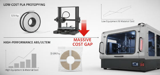 Cost analysis board comparing cheap PLA filament operations against expensive heated chambers required for ABS
