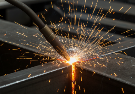 Industrial welding torch running a flawless bead using flux cored tubular wire.png