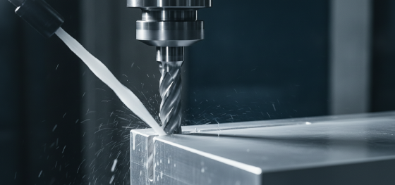 spinning steel drill bit carving clean slots on metal block