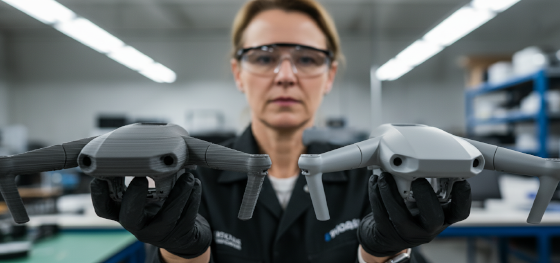 Quality inspector comparing a rough 3D printed drone shell against a flawless molded polyurethane enclosure