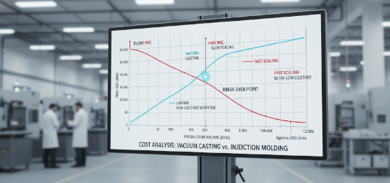 Cost analysis chart showing the NRE break-even point between low-volume vacuum casting and mass production injection molding