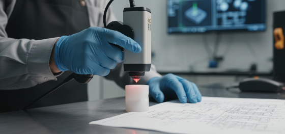 Senior QC engineer measuring a deformed Teflon part that failed due to cold flow under compressive load
