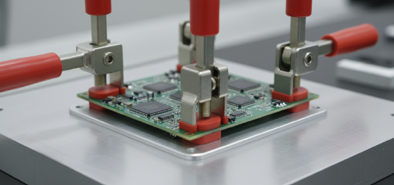 heavy mechanical toggle clamps securing fragile electronics for testing