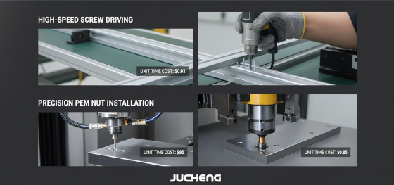 Cost analysis board comparing high-speed pneumatic screw driving times against expensive CNC hole prep for PEM nuts