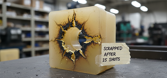 Discarded silicone mold exhibiting severe scorching and cracking from polyurethane exothermic heat degradation