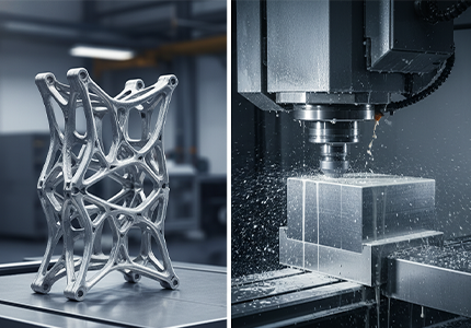 Industrial comparison between a bionic metal 3D printed aerospace bracket and a solid titanium billet undergoing 5-axis CNC machining.png