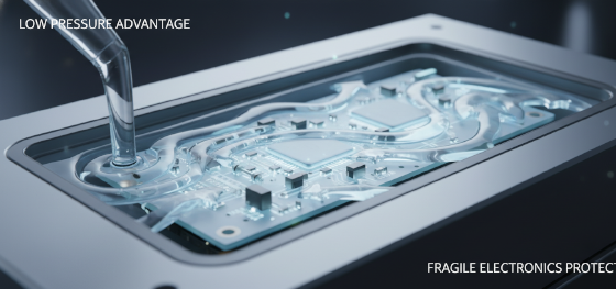 low pressure advantage for fragile electronics in the RIM encapsulation process