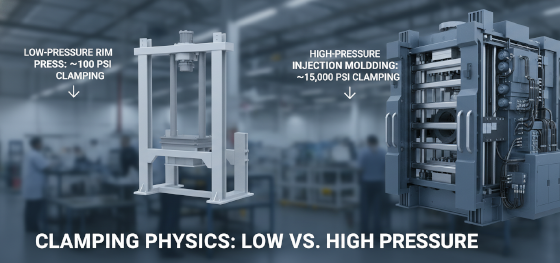 low pressure clamping infrastructure for large scale plastic parts