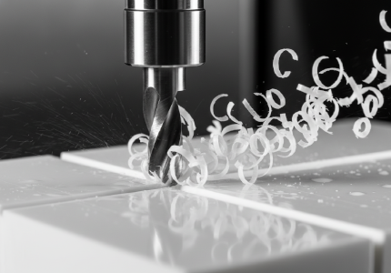 Razor sharp carbide endmill aggressively shearing through a solid white POM polymer block.png