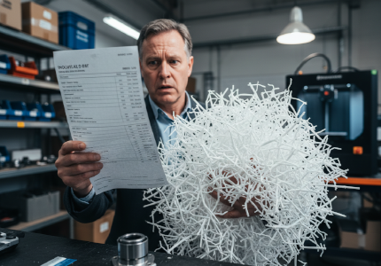 Procurement manager examining an invoice while holding a massive pile of broken support plastic.png