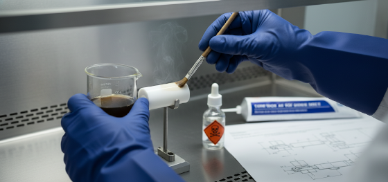 Technician using sodium etching fluid on a Teflon surface to enable chemical bonding with industrial adhesives
