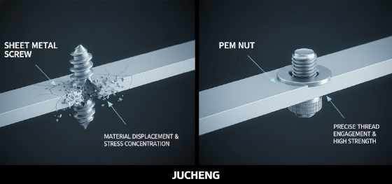 Microscopic mechanical engagement comparison of coarse self-tapping threads versus fine machine threads inside a PEM nut