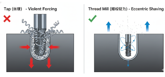 Mechanical principle diagram comparing the violent forcing of a rigid tap versus the eccentric shaving of a thread mill