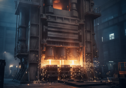 heavy industrial press injecting molten metal into steel mold cavities.png