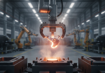 robotic arm handling freshly cast structural hardware on automotive assembly lines.png