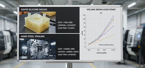 Cost analysis board comparing cheap rapid silicone molds against massive H13 steel injection tooling NRE