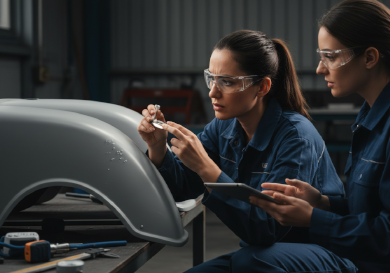 engineer identifying air bubble defects in a reaction injection molded part.png