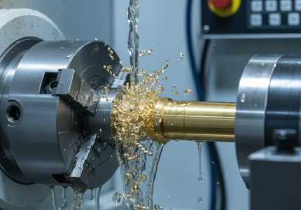 High speed Swiss lathe carving a solid golden brass billet with tiny fractured chips flying.png