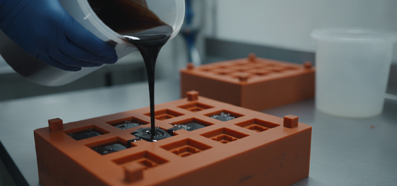 pouring liquid polyurethane into custom silicone master molds