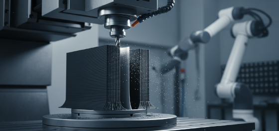5-axis CNC milling machine shaving down a thick printed PEEK block to achieve a robust thin wall