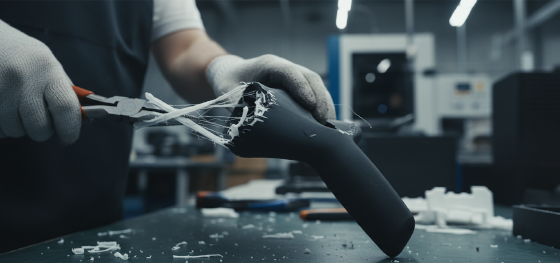 Technician tearing rigid support structures away from a soft rubber drone grip causing severe surface damage