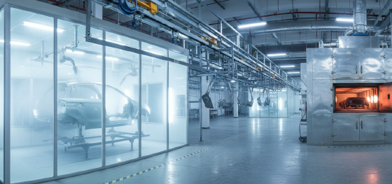 Automated overhead conveyor line featuring both liquid spray booths and powder curing ovens at Jucheng's Shenzhen facility