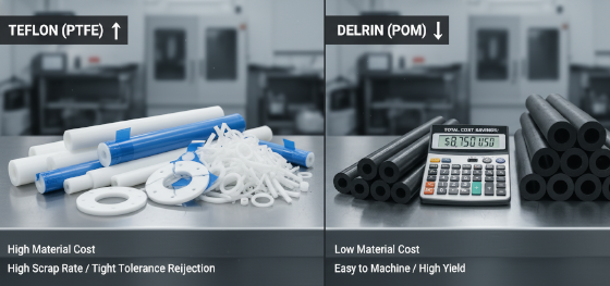 Cost comparison board evaluating expensive Teflon raw materials against highly machinable Delrin rods