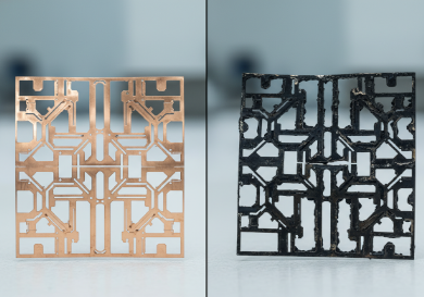 Industrial comparison of a flawless chemically etched copper lead frame versus a thermally warped laser-cut thin steel plate.png