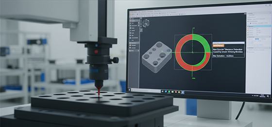 CMM screen showing elliptical tolerance distortion in a ceramic hole caused by uneven thermal sintering shrinkage