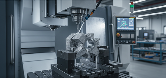 Hybrid manufacturing process showing a rough metal 3D printed part undergoing secondary precision CNC boring in Jucheng Shenzhen