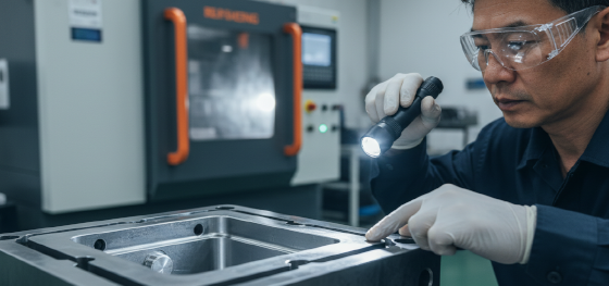 Senior tooling engineer using a flashlight to inspect venting slots and release agents on a mold cavity