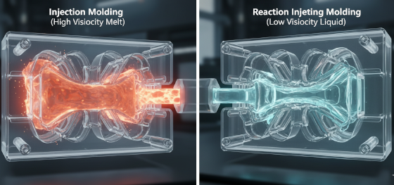 visual difference between high viscosity thermoplastic melt and low viscosity RIM liquid
